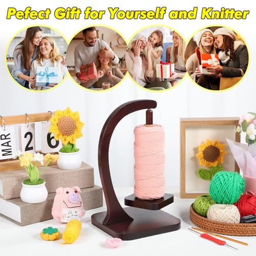 Wooden Yarn Holder for Crocheting and Knitting, 2LBS Load Capacity | Strong Magnetic 360° Rotation Yarn Spinner, Anti-Tangle Crochet Accessories with Packaging Box, Gift for Women Mom Grandma
