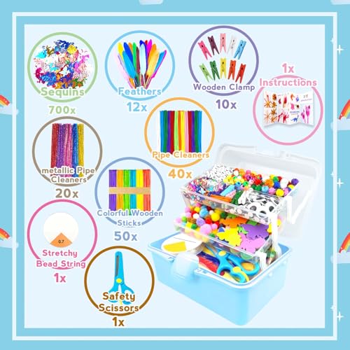 ZEIZHUBN Arts and Crafts Supplies for Kids Crafts Kit with Pipe Cleaners DIY Crafts for Kids Art School Supplies Materials All in Crafting Box Craft Supply Set Gifts for Kid Girls Boys Age 4-8, 8-12 - color: Blue