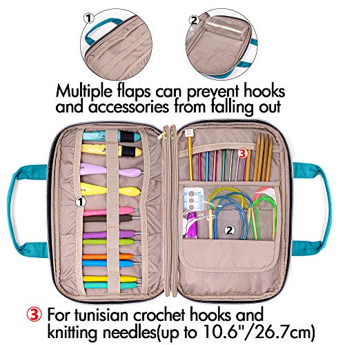 Yarwo Knitting Needles Case, Crochet Hooks Organizer with 2 Clear Pouches | Circular Needles Holder for Ergonomic Crochet Hook (up to 10.6") and Craft Yarn Kits, Top Handles, Bag Only, Teal - color: Teal