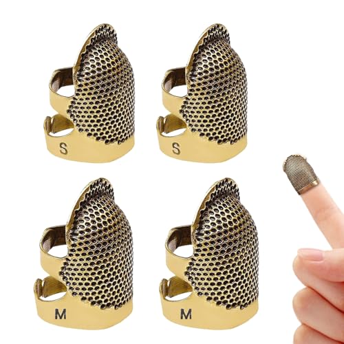 4 Pack Adjustable Metal Sewing Thimbles S+M – Finger Protector for Quilting Embroidery Needlework and DIY Craft Safety Use - color: 4 Antique brass color