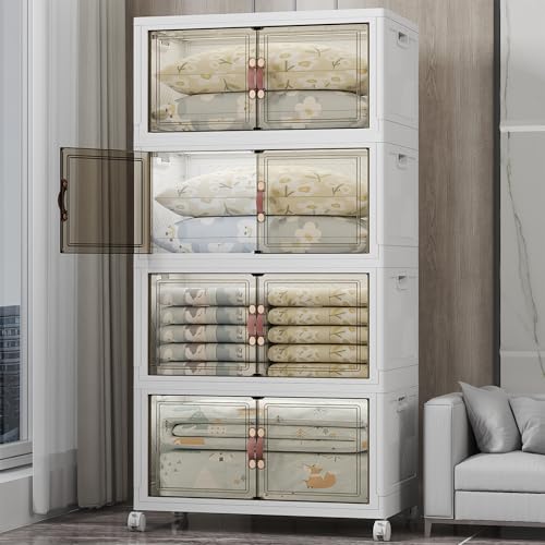 UAMFURI 700QT Stackable Storage Bins with Lids, Storage Cabinet with Wheels | Clear Doors Lockable Storage Bins Collapsible Closet Organizer for Space Saving Easy Assembly Extra Large Capacity Heavy Duty - color: White-175QT, size: 4Pack with 1 top lid