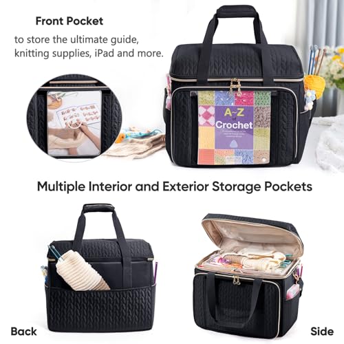 MYBAGZING Large Yarn Storage Bag,Crochet Bag Organizer,Yarn Bags for Crocheting,Crochet Storage Bag with Pockets for Crochet Hooks, Crochet Accessories,Knitting Bags,Gifts for Crocheters - color: Black, size: Large