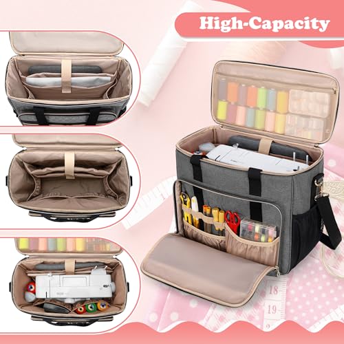 LUXJA Sewing Machine Case with Multiple Pockets, Gray | Sewing Machine Bag Compatible with Most Standard Brother, Singer, Janome, Detachable Shoulder Strap, Trolley Sleeve - color: Gray