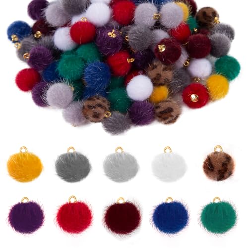 100 Pcs Pom Poms Ball Charms Faux Fur Fluffy Charm Mini Pompoms Pendants for Tassel Keychain DIY Jewelry Making Bracelet Earrings Necklace 10 Colors