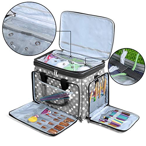 LUXJA Portable Yarn Knitting Storage Tote Bag, Gray Dots | Fits Knitting/Circular Needles Up to 14 Inches, Yarn Bag With Cover & Shoulder Strap for Crochet Hooks & Craft Accessories - color: Gray Dots