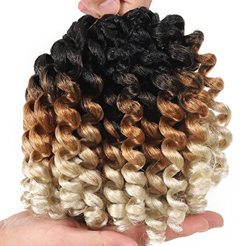 Jamaican Bounce Crochet Hair Extensions 8 inch Ringlet Wand Curl Crochet Hair 3 Tone Blonde Ombre Curly Crochet Braids Grey Crochet Braiding Hair 60 Roots - color: T1/27/613, size: 8 Inch (Pack of 3)