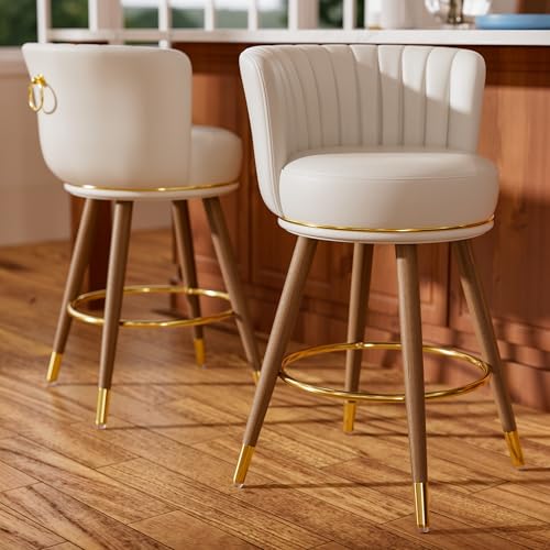 24 Inch White Leather Swivel Counter Bar Stools Set of 2 | Upholstered pleated backs, wood legs, gold footrests, 300lbs capacity swivel chairs for home kitchen islands - color: White, size: 24" Counter Height-2 Pieces