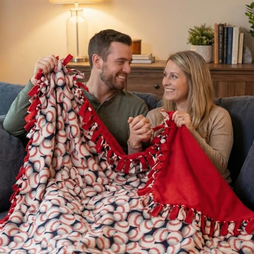 Chumia 2 Pcs/1 Set Baseball Tie Blankets Craft Kit 57 x 57 Inch Baseball DIY No Sew Fleece Blanket Red and White Sports Ball No Sew Fabric Tie Knot Throw Craft Gift Soft for Baseballs Fan Couch Sofa - style: Baseball