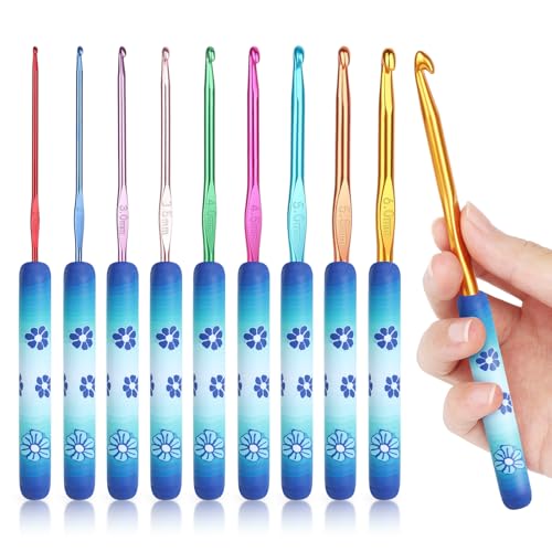 Coopay Warm Crochet Hooks Comfort Grip Longer Aluminum Crochet Hook Set | 9pcs 2.0mm-6.0mm(B-J) Smooth Crochets Needles Set for Crocheting, Blue Flower Soft Handle for Beginners and Arthritic Gifts - color: Blue Flower