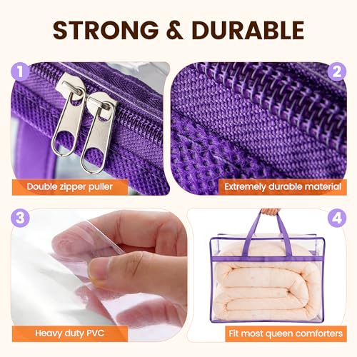 6 Pack 40L Clear Storage Bags with Zipper Large Opening for Loading | Purple Storage Bag for Blankets and Clothes, Large Capacity Closet Organizers and Storage for Dormitory, Bedroom - size: 6 PACK