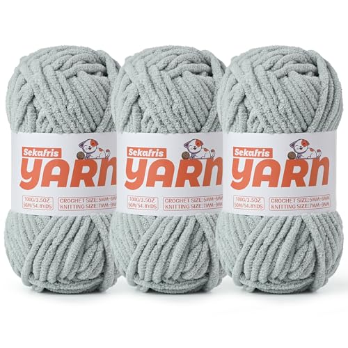 Soft Chunky Chenille Yarn for Crocheting-(300g/10.58oz) Bulky Knitting Crochet Yarn for Blankets-(150m/164yds) Fluffy Velvet Baby Yarn for Amigurumi&Crafts.(3 Grayish) - color: 3 Grayish