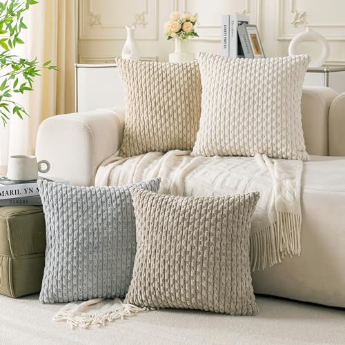 Set of 4 Neutral Decorative Throw Pillow Covers 22x22 Inch Corduroy Pillow Covers for Bed Couch Sofa Living Room Soft Square Cushion Cases - color: Neutral, size: 22" x 22" (Pack of 4)