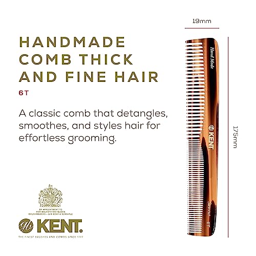 Kent 6T Fine Tooth and Wide Tooth Hair Comb, Handmade Styling Comb for Hair Care, Barber Combs, Beard Combs For Men, Styling Grooming for Men, Women and Kids - color: Tortoiseshell, size: 1 Pack