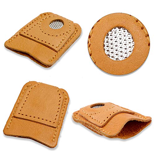WILLBOND 4 Pcs Leather Thimble Finger Protector for Hand Sewing, 2 Sizes | Coin Shape, Quilting Knitting Needlework Use, Soft Cowhide, Fits Most Fingers, 2 Pcs Each Size