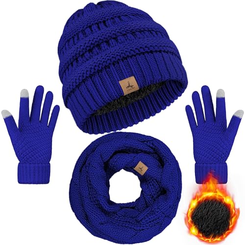 LOROME Winter Beanie Hat Scarf Gloves, Warm Fleece Knit Neck Scarf Set Gift | Hats Gloves Scarf Set, Touchscreen Gloves, Universal Size Neck Scarf Set Winter Gifts for Unisex Adult Winter Wear - color: Royal Blue