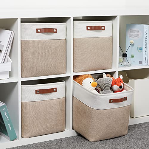 DULLEMELO Cube Storage Bins - 4 Pack Foldable Large Storage Baskets 12 inch Gifts Empty Fabric Bins for Home Office Cubes Organizer Closet, Shelves, Toy, Nursery (4 Pack - 12" White&Khaki) - color: White&Khaki, size: M-12"x 12"x12"