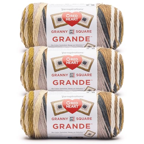 Red Heart Granny Square Grande Yarn for Crocheting, Sepia Tone, 3-Pack | All In One Granny Square Grande Yarn, #4 Medium Worsted Weight 100% Acrylic, Makes 12-Inch Squares, 440 yards, 250g/8.8oz - color: Sepia Tone