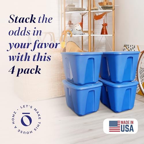 HOMZ 4-Pack Durable Molded Bin, Plastic Storage Containers w/Lids, 18 Gallon, Blue - Stackable Organizer Totes and Boxes for Bedroom, Kitchen, and Garage Organization - color: Blue, size: 18 Gallon (4 Pack)
