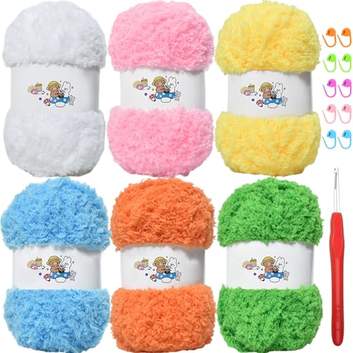 6 PCS Soft Coral Velvet Chenille Yarn for Crocheting,Fluffy Yarn for Knitting and Crochet DIY Craft,Warm Crochet for Bag Hat Scarve Gloves Slippers Dolls MulticolorA - color: multicolorA