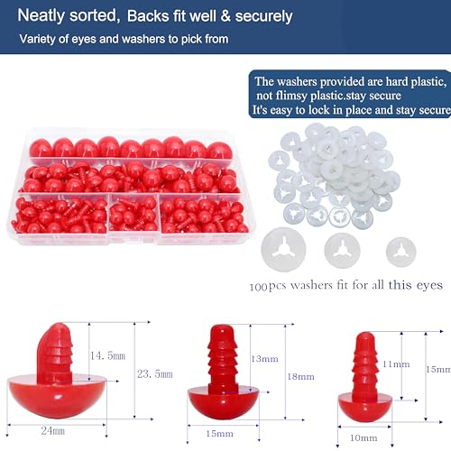 Thalinfayi 200pcs 10/15/24mm Safety Eyes and Washers for Amigurumi Crochet | Red Plastic Crochet Craft Eyes for Stuffed Plush Animals, Crafts, Crochet Doll DIY Making Supplies ; Neatly Sorted by Size - color: Red