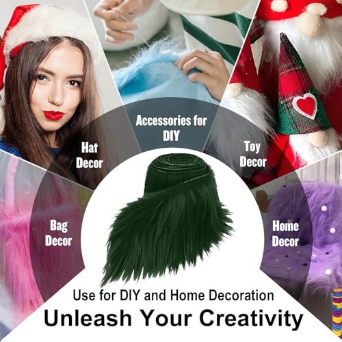 Dark Green 2x60Inch Faux Fur Shaggy Plush Faux Fur, Fabric Precut Strips Fluffy Fuzzy Faux Fur, Beard Miniature Dolls Rugs Mats Gift, Craft Beard Hair, Winter Halloween Christmas Costume Party Decor
