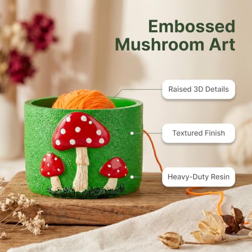 Green Resin Mushroom Yarn Bowl Holder with Dual Holes for Knitting Crochet | Green resin mushroom yarn storage bowl with side outlet holes to keep yarn smooth and tangle-free for knitting and crochet.