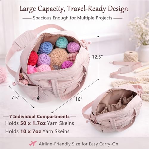MYBAGZING Stylish Crochet Bag Organizer with Crochet Hook Case, Large Capacity Yarn Bag for Crocheting on the Go, Soft Quilted Crochet Tote with 7 Compartments, Knitting Project Carry-On Travel Gift - color: Pink