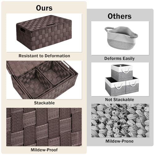 Storage Baskets with Lids: 5 Pack Stackable Woven Storage Bins, Brown | Decorative Woven Baskets for Organizing with Built-In Handles for Shelves, Closets, Cabinets and Cubbies, Gift Small Basket - color: Brown, size: 5pack with Lids