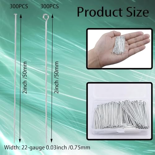 600Pcs 2 Inch Flat Head Pins Eye Pins Mix Jewelry Findings Metal End Headpins for Craft Earring Bracelet Necklace Pendant Supplies(Silver) - color: Silver, size: 2 Inch (Flat Head + Eye)