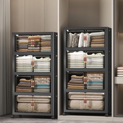 UAMFURI Stackable Storage Bins, 896QT Collapsible Drawers with 2 Lids | Large Capacity, Magnetic Door, Stack Lock, Rolling Wheels, Foldable Design, Organizers and Storage for Bedroom Dorm Garage - color: Dark-112QT, size: 8Pack with 2 top lids