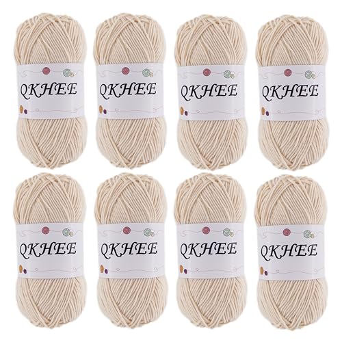 QKHEEYarn for Crocheting and Knitting 8 * 1.76 Oz (50G) /195yd,Fine/Fingering Weight (1), 60% Cotton 40% Acrylic Soft Yarn kit for Making Granny Squares and amigurumi (Ecru) - color: Ecru