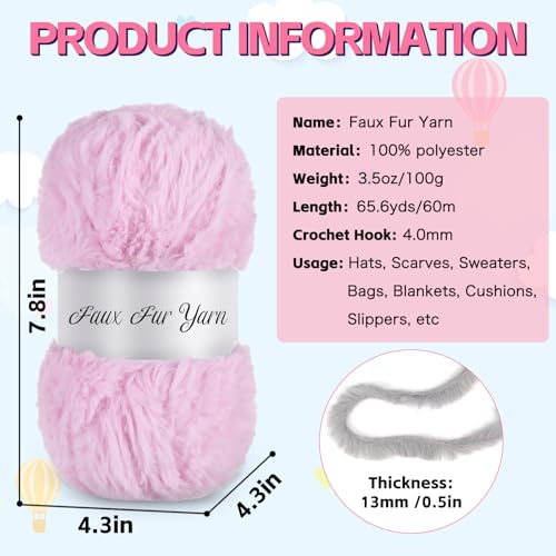 3 Skeins Faux Fur Yarn Soft Fluffy for Crocheting,Chunky Fuzzy Eyelash Yarn for Crochet Hats, Scarves, Bags, Cushions(Pink) - color: Pink