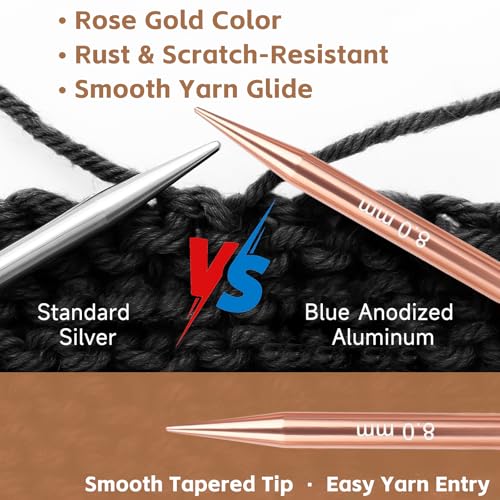 Interchangeable Circular Knitting Needles Set, 13 Pairs (26pcs) Rose Gold Aluminum Knitting Needles Kit, Sizes 3.0mm–10.0mm, Knitting Needle Case & Accessories for Knitting Beginners & Advanced - color: Rose Gold