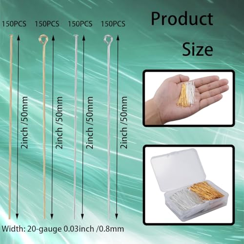 600 Pieces 2 Inch Flat Head Pins Eye Pins for Jewelry Making DIY, Straight Head Eye Pins Gold and Sliver Jewelry Making Pin Metal End Headpins for Craft Earring Bracelet Necklace Pendant Supplies - color: Gold+Silver, size: 2 Inch (Flat Head + Eye)