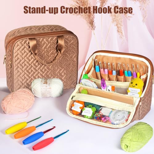 JOYYTUU Empty Crochet Hook Case - Stand Up Large Organizer Hook Holder for Knitting Supplies, Needles, Accessories (Case Only) Brown
