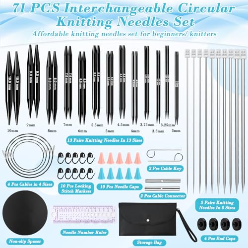 13 Pairs Interchangeable Knitting Needles Set with 4 Flexible Cables | Portable Circular Knitting Needles, 3-10 mm Smooth Aluminum Knitting Needle Kit for Beginner Projects Travel Home Knitting - color: Black