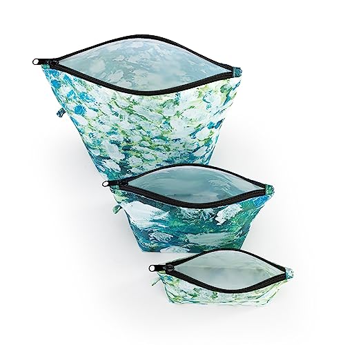 DEMDACO 1008130035 ArtLifting White Flowers Blue, Green, and White Polyester Zippered Organizer Bag Pouch Set of 3