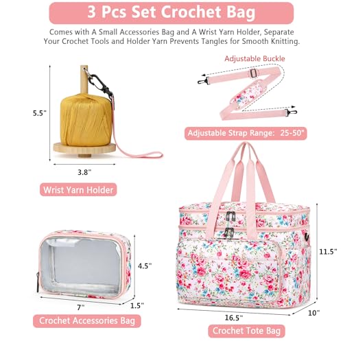 Crochet Organizer Bag with Yarn Holder, Large Yarn Storage for Accessories | 3PCS Crochet Knitting Bag with Accessory Pouch for Hooks, Needles, Travel Tote, Crochet Lovers, Gift for Crafters, No-Tangle - color: Pink