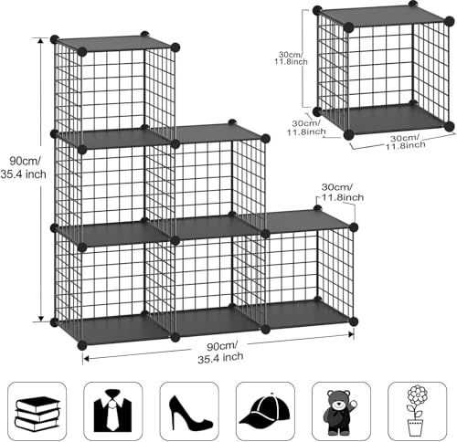 Wire Cube Storage Organizer, Metal Storage Shelves Bookshelf, Stackable Modular Closet Organizer for Bedroom Living Room, Office,Storage Shelves（6-Cube，Black） - color: Black Plus Iron, size: 6 Cubes