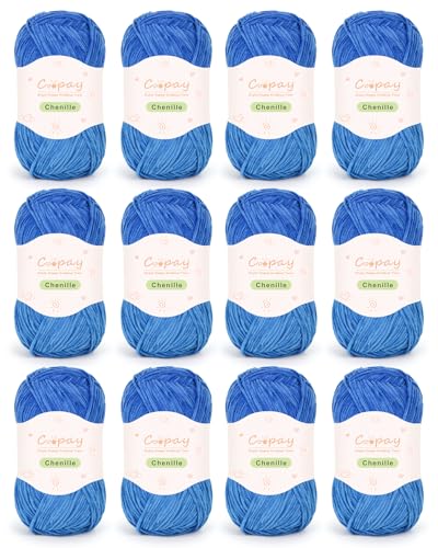 Coopay Skinny Chenille Yarn, Soft Yarn for Crochet & Knitting, Blue | Crochet Yarn Set - 600g Total, Soft Velvet Yarn for Colorful Crafts, Blankets, Plush Dolls, Decorative Handmade Works - color: Pure Blue, size: #2 Thin