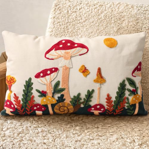 Embroidered Lumbar Pillow Cover 20x12 Inch, Mushroom Moon | Decorative Throw Pillow Cover, Boho Cottagecore Cushion Case with Hidden Zipper, Home Decor for Couch, Sofa, Living Room - color: Mushroom Moon, size: 20" x 12" (Pack of 1)
