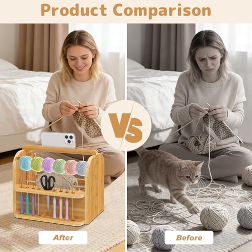 sandpaint Upgraded Yarn Holder for Crocheting, Bamboo Crochet Yarn Holder | Built-in Phone Stand, Bottom Storage, Tangle-Free Dual Rods & Tool Holder, Ideal Crochet Accessories for Skein, Ball Yarn - color: Wood Upgraded Yarn Holder