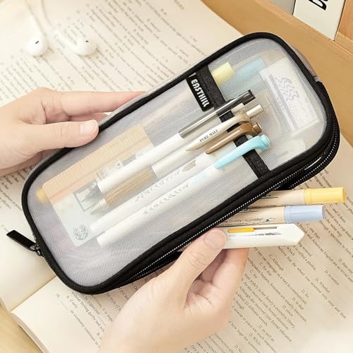 EASTHILL Grid Mesh Pen Pencil Case with Zipper Clear Makeup Color Pouch Cosmetics Bag Multi-Purpose Travel School Teen Girls and Boys Transparent Stationary Bag Office Organizer Box for Adluts(White - color: White