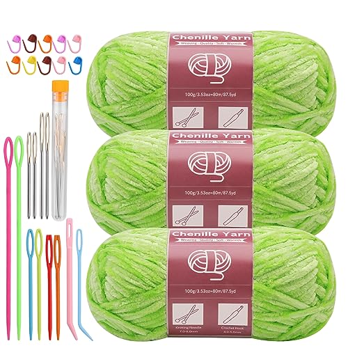 LUNARM Chenille Yarn 3 Pack 3.5oz Chunky Blanket Velvet Yarn 263 Yard | Grass Green Chunky Chenille Yarn for Beginners Crocheting Hand Knitting Scarves with Big Eye Needles Machine Washable - color: Grass Green