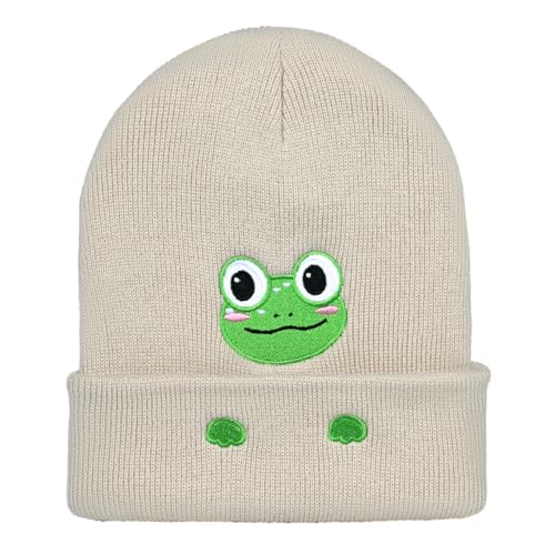 Personality Animal Head Embroidery Knit Beanie Hat for Adult and Big Kids Winter Warm Skull Cuffed Hats - color: Frog-beige
