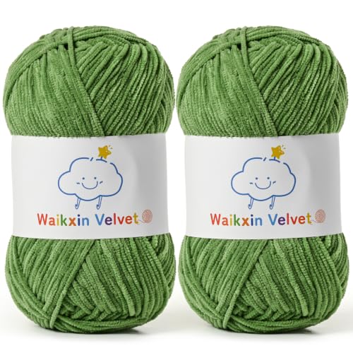 2 Pack Fluffy Chenille Yarn for Crocheting, Baby Yarn for Crocheting Soft, 100g/3.5oz Velvet Amigurumi Yarn, Fingering Weight Yarns for Crocheting Baby Blankets、DIY Craft.(2 Army Green) - color: 2 Army Green
