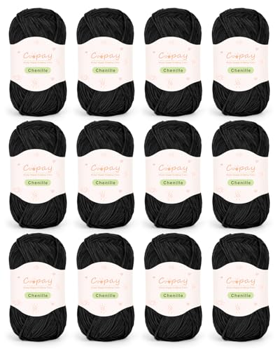 Coopay Skinny Chenille Yarn, Soft Yarn for Crochet & Knitting, Black | Crochet Yarn Set - 600g Total, Soft Velvet Yarn for Colorful Crafts, Blankets, Plush Dolls, Decorative Handmade Works - color: Black, size: #2 Thin