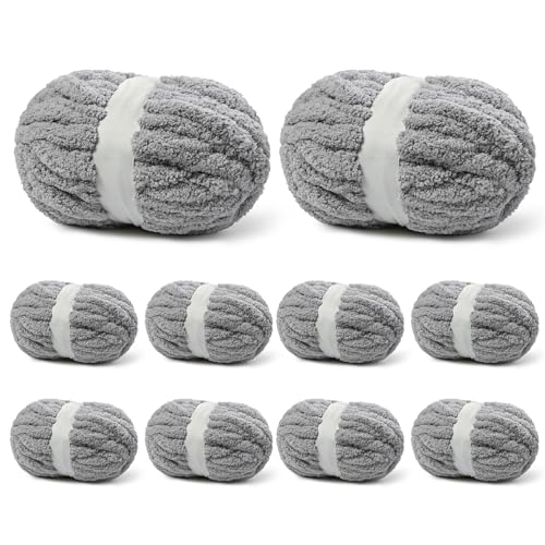 10 Pack Light Gray Fuzzy Chunky Yarn for Hand Knitting, Bulky Thick Fluffy Chenille Yarn for Crocheting, 240yds/70.5oz Jumbo Crochet Yarns, Soft Chunky Knit Blanket Yarn for Crochet - color: 10 Light Gray