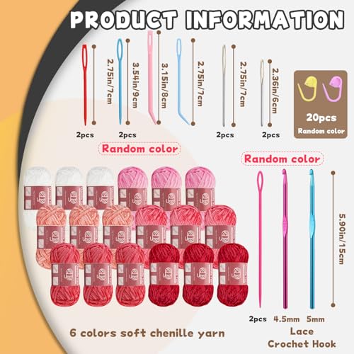 LUNARM Chenille Yarn for Crochet Knitting Chunky Blanket Velvet Yarn | 18 Pack 100g/3.5oz Pink Series Thick Soft Yarn for Beginners Knitting Fluffy Weaving Plush Scarves with Big Eye Needles - color: 18 Skeins-Pink Series