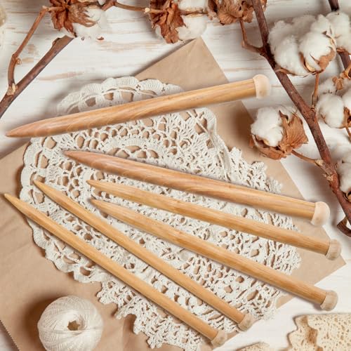 Pocoxll 6 Pcs Large Wooden Knitting Needles, 3 Sizes Straight Single Pointed Sweater Knitting Needles for Beginners(Brown)